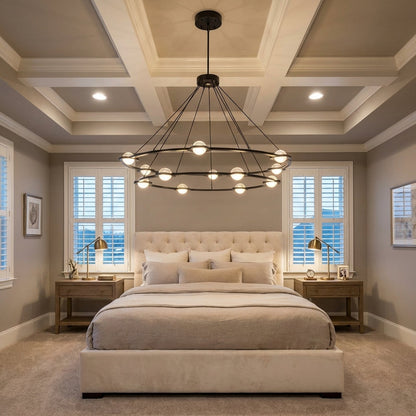 Tricolordeer Celestial Aura 2-Tier Round Chandelier 60" - American master bedroom with coffered ceiling