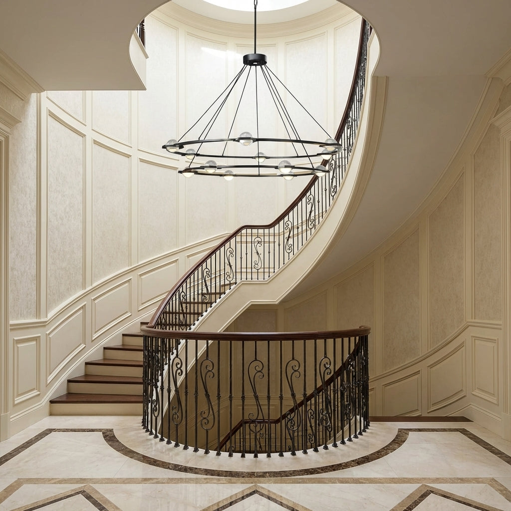 Tricolordeer Celestial Aura 2-Tier Round Chandelier 60" - dramatic American stairwell with soaring ceiling