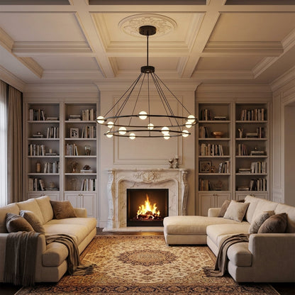 Tricolordeer Celestial Aura 2-Tier Round Chandelier 60" - luxurious American living room with tray ceiling