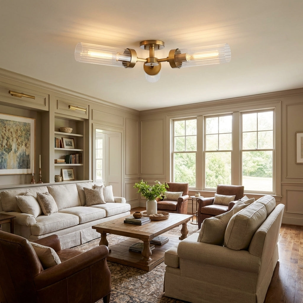 Morylighting Aura 3-Light Flushmount 31.5" Width x 31.5" Depth x 5.5" Height x 31.5" Diameter - spacious American living room with high ceilings