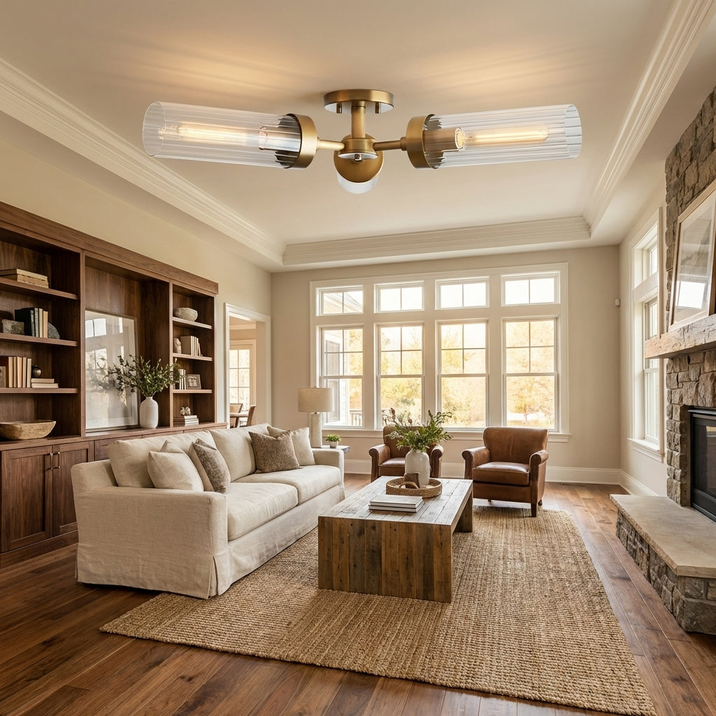 Morylighting Aura 3-Light Flushmount 31.5" Width x 31.5" Depth x 5.5" Height x 31.5" Diameter - spacious American living room with high ceilings