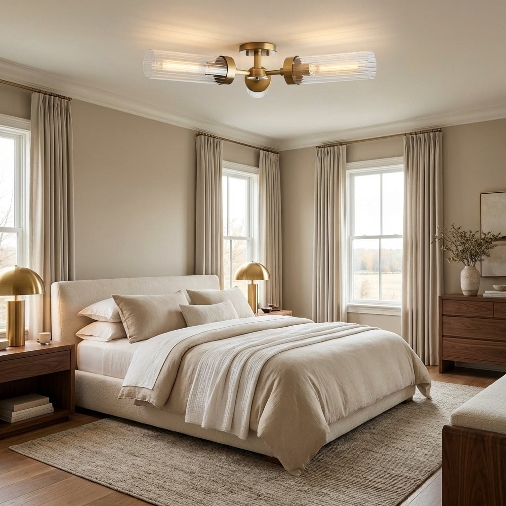 Morylighting Aura 3-Light Flushmount 31.5" Width x 31.5" Depth x 5.5" Height x 31.5" Diameter - American master bedroom