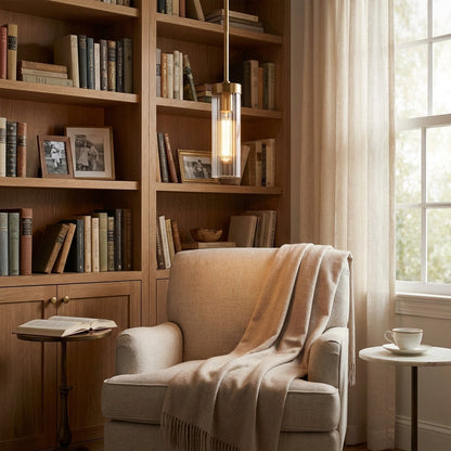 Morylighting Veridian Fluted Glass 1-Light Pendant - cozy American reading nook by a window