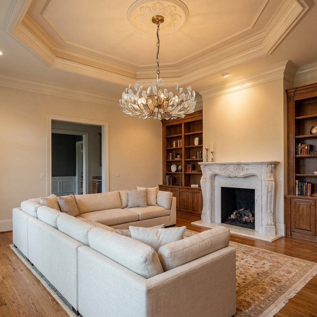Morylighting Veridian Bloom 6/8 Lights Chandelier 26"32" - luxurious American living room with tray ceiling