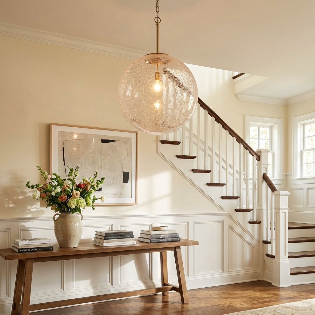 Morylighting Aura Sphere Integrated LED Pendant - elegant American entryway with 10-foot ceiling