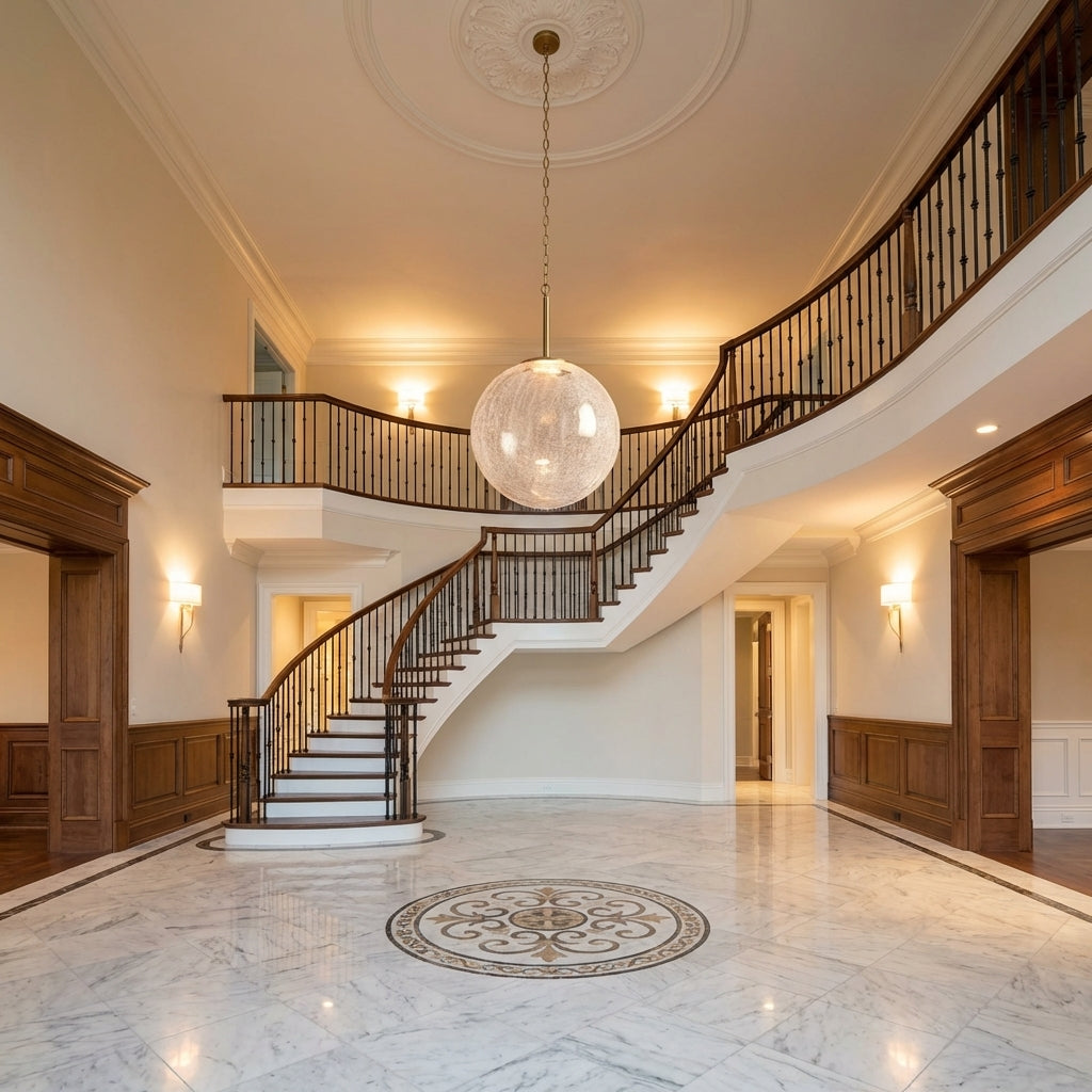 Morylighting Aura Sphere Integrated LED Pendant - grand American foyer with double-height ceiling