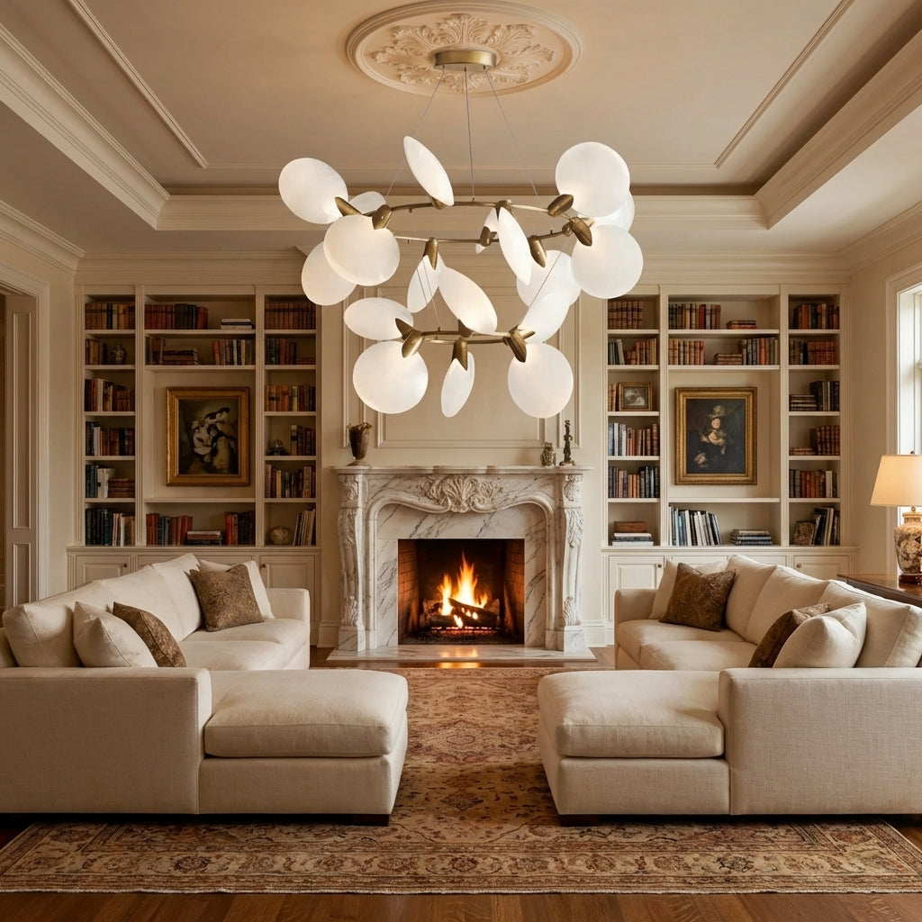 Morylighting Aura Grandeur 2-Tiered Halo Chandelier 47" Width x 47" Depth x 28.75" Height x 47" Diameter - luxurious American living room with tray ceiling