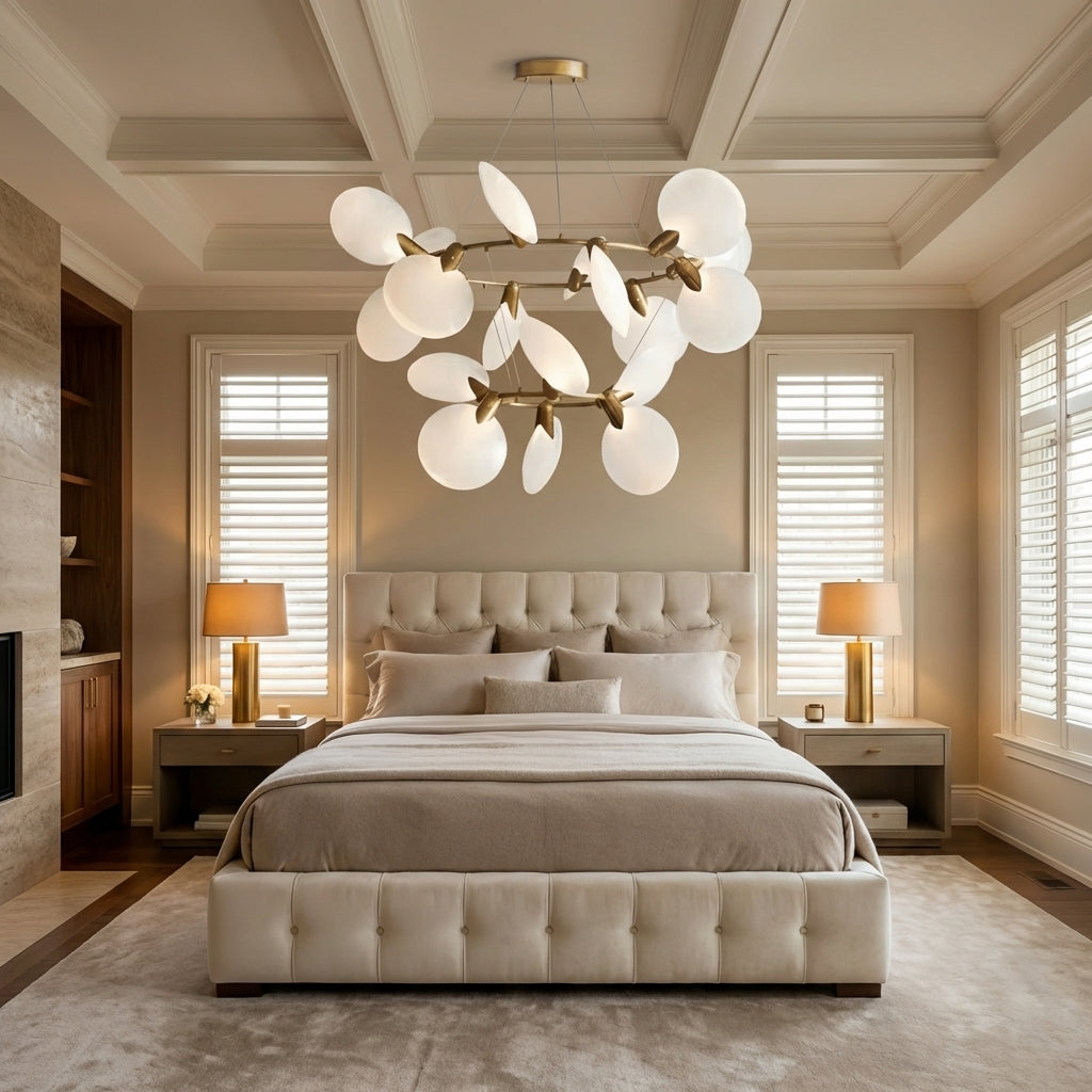 Morylighting Aura Grandeur 2-Tiered Halo Chandelier 47" Width x 47" Depth x 28.75" Height x 47" Diameter - American master bedroom with coffered ceiling