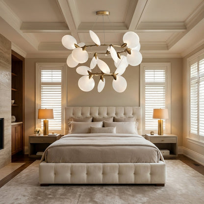 Morylighting Aura Grandeur 2-Tiered Halo Chandelier 47" Width x 47" Depth x 28.75" Height x 47" Diameter - American master bedroom with coffered ceiling