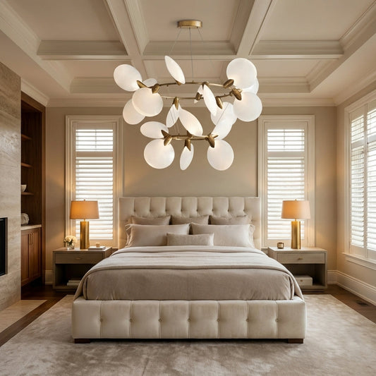 Morylighting Aura Grandeur 2-Tiered Halo Chandelier 47" Width x 47" Depth x 28.75" Height x 47" Diameter - American master bedroom with coffered ceiling