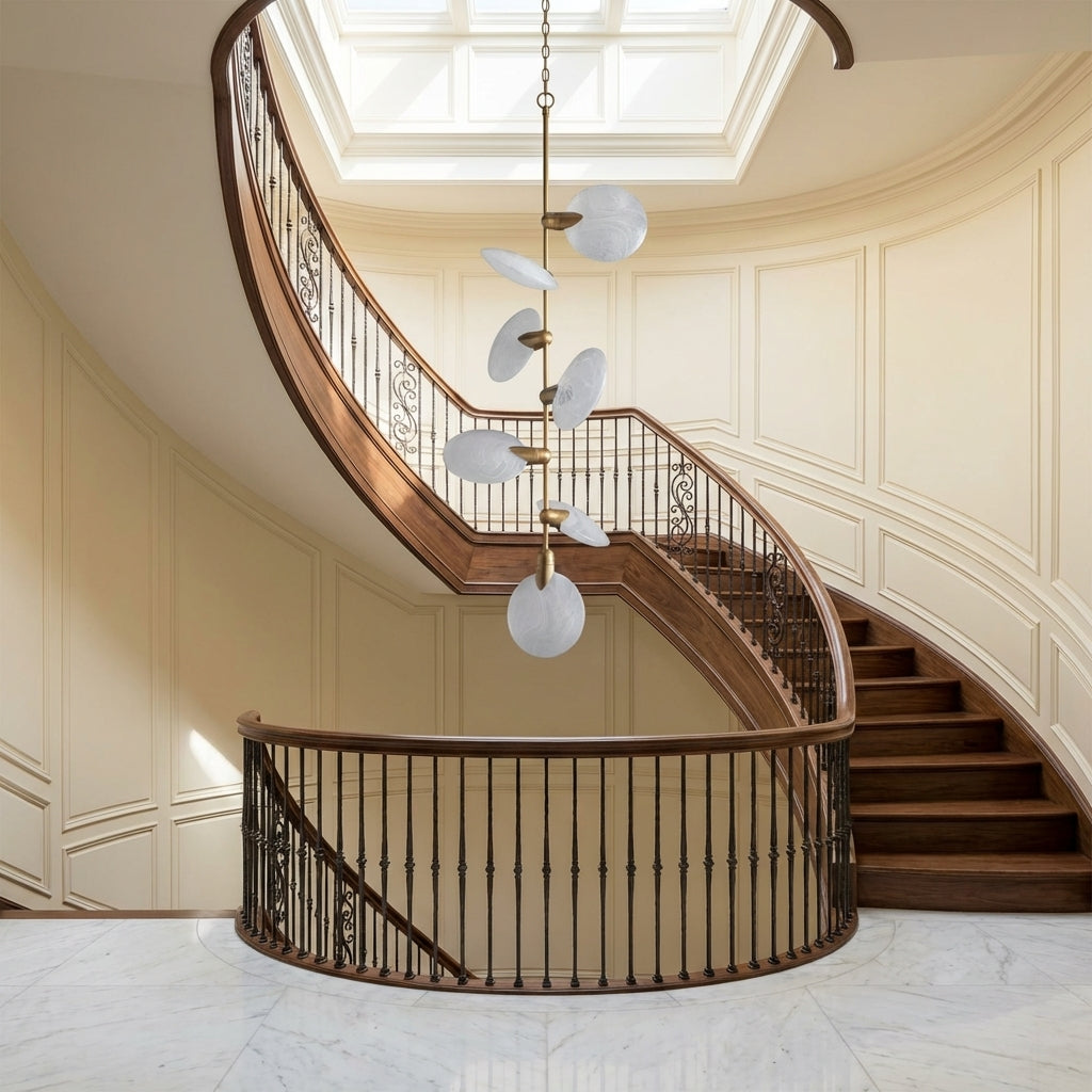 Morylighting Aura Grand Hand-Blown Glass 7-Light Pendant for Staircase Foyer 21.75" Diameter - dramatic American stairwell with three-story void