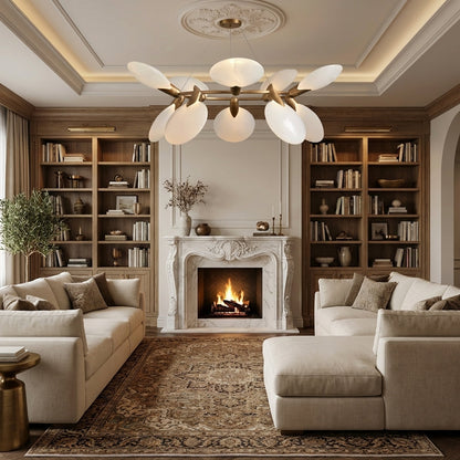 Morylighting Aura Petal 10-Light Chandelier 42.25" Width x 42.25" Depth x 14.5" Height x 42.25" Diameter - luxurious American living room with tray ceiling