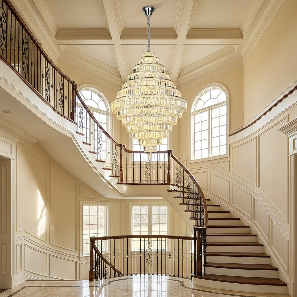 Morylighting Grand Lumina K9 Crystal Round Chandelier - dramatic American stairwell with soaring ceiling