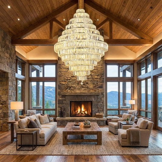 Morylighting Grand Lumina K9 Crystal Round Chandelier - American transitional great room with cathedral ceiling