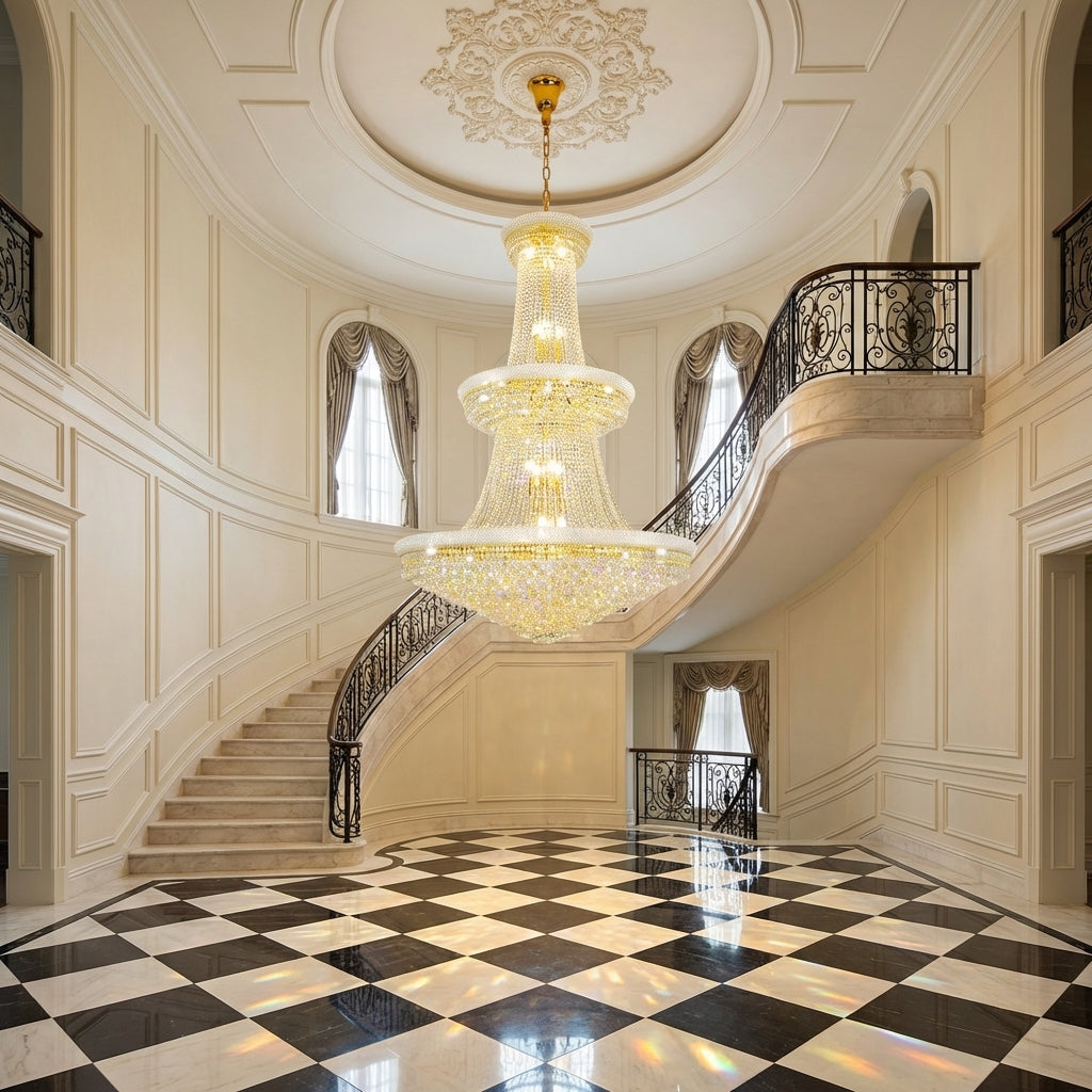 Morylighting Grand Radiance Round Crystal Chandelier - grand American estate foyer