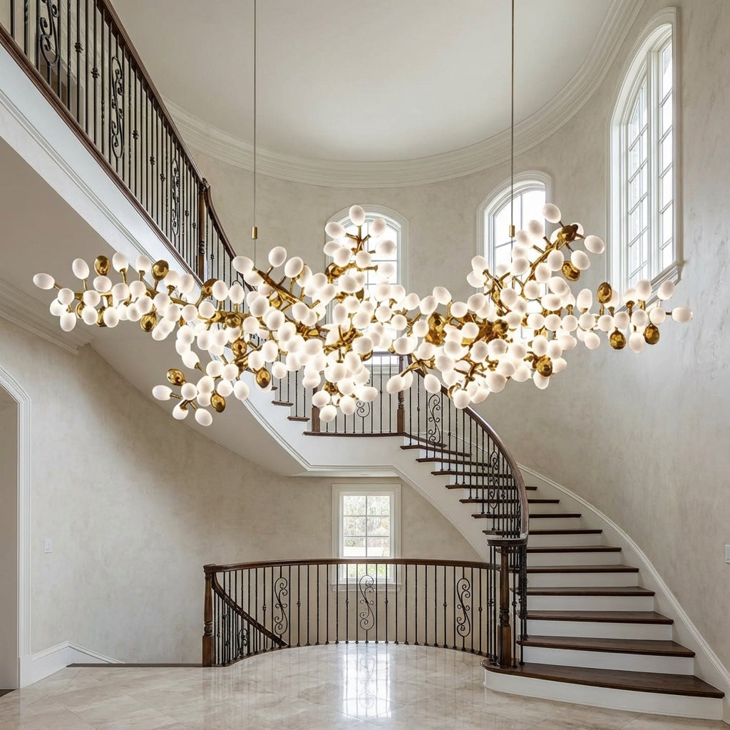 Morylighting Verdant Canopy Horizontal Chandelier - dramatic American stairwell with soaring ceiling
