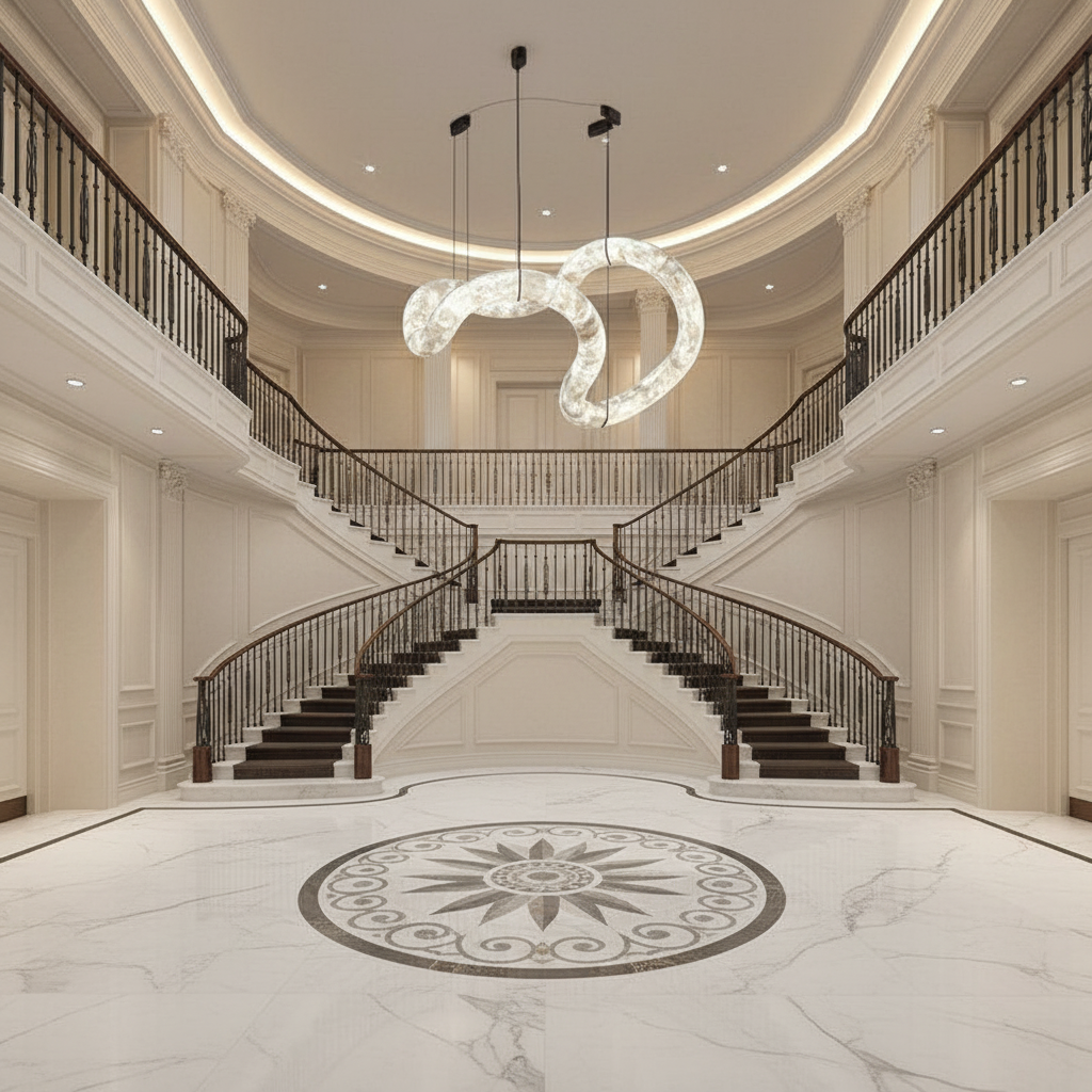 Morylighting Aura Alabaster Symmetrical Grand Pendant Light - grand American foyer with double-height ceiling