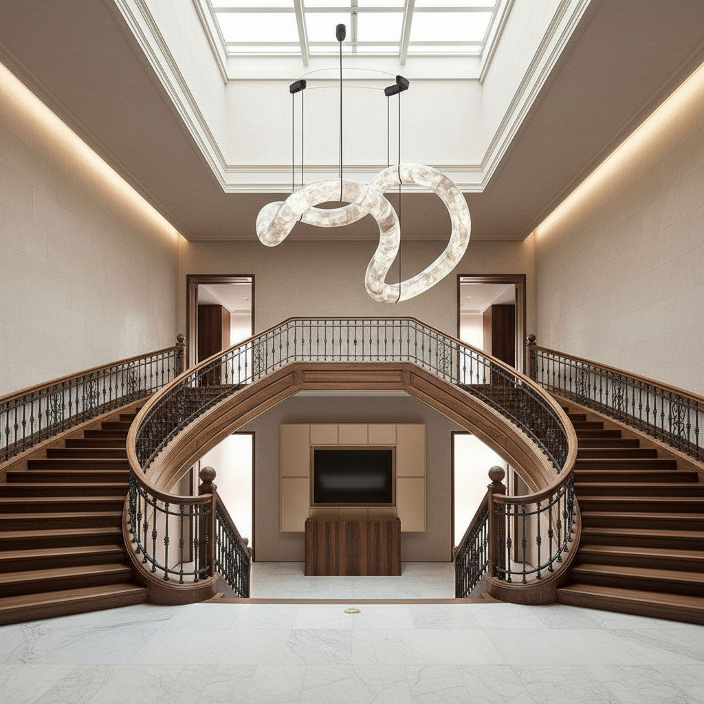 Morylighting Aura Alabaster Symmetrical Grand Pendant Light - dramatic American stairwell with three-story void