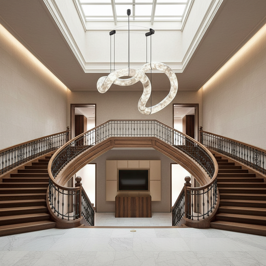Morylighting Aura Alabaster Symmetrical Grand Pendant Light - dramatic American stairwell with three-story void