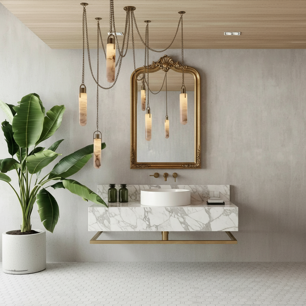Morylighting Snowflake Alabaster 1-Light Multi-Drop Pendant - elegant American powder room