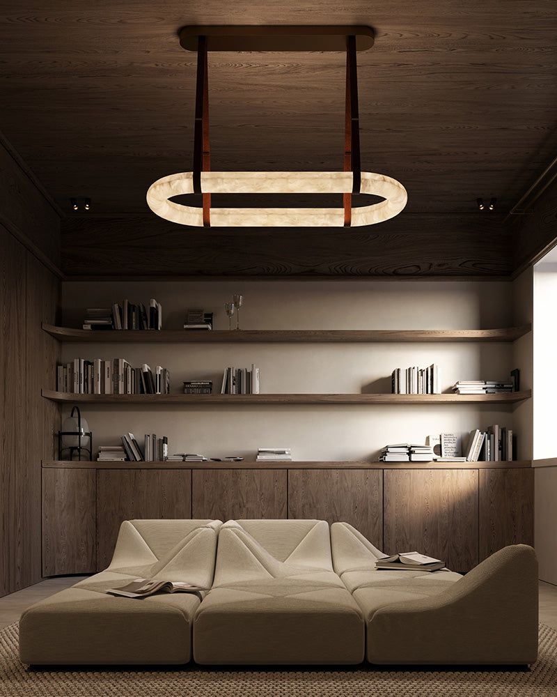 Round LED White Marble Pendant lamp with adjustable leather, Dia 12/16"