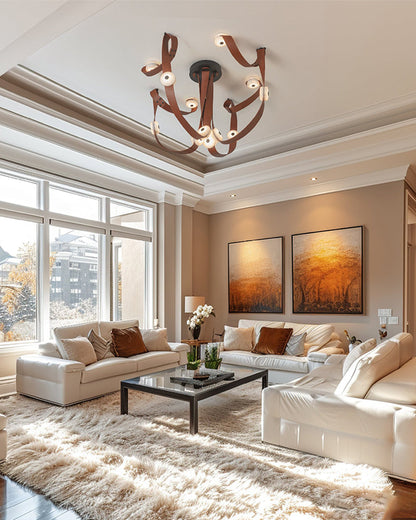 LED Mini SNAPS Module Ceiling Alabaster Pendant Light with Brown Leather Straps