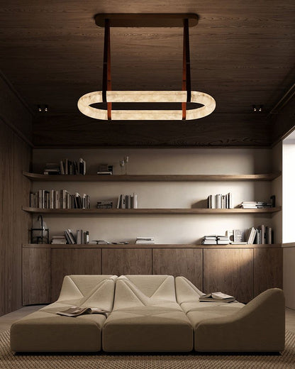 Oval Alabaster LED Large Pendant lamp with adjustable leather, Dia 16/24"