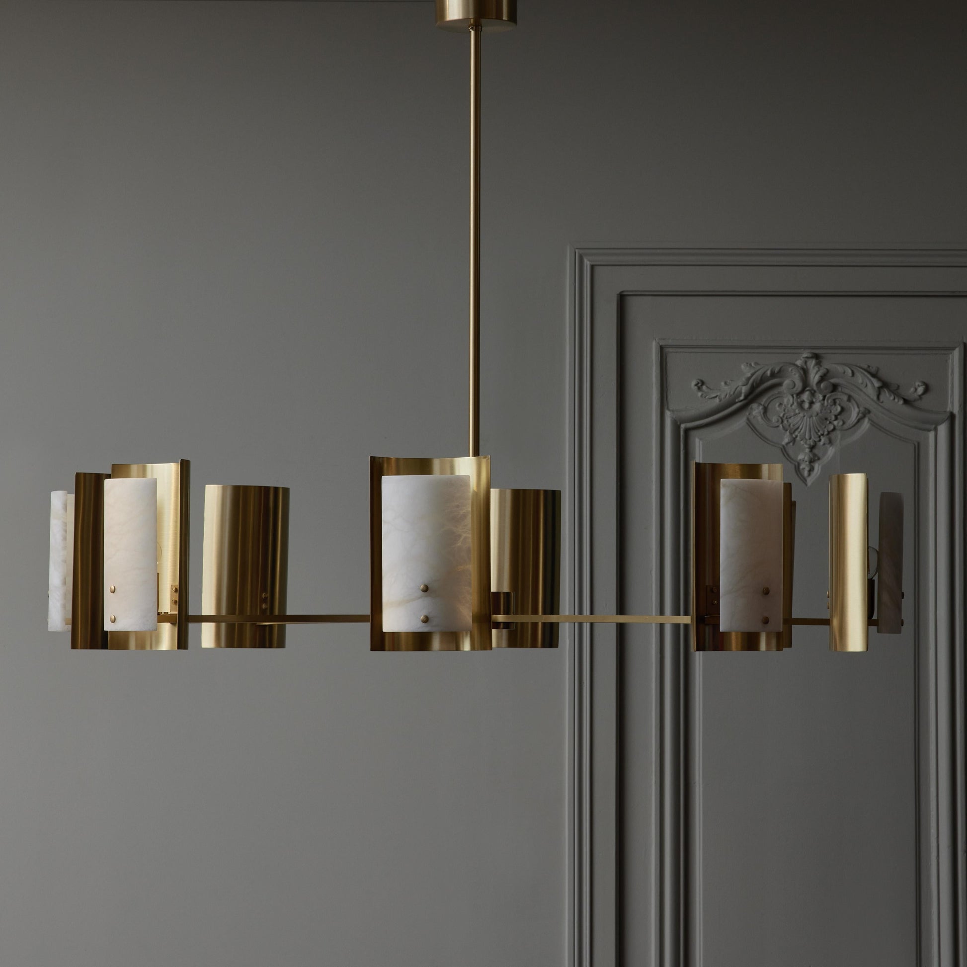 Brass and Alabaster Shield Chandelier