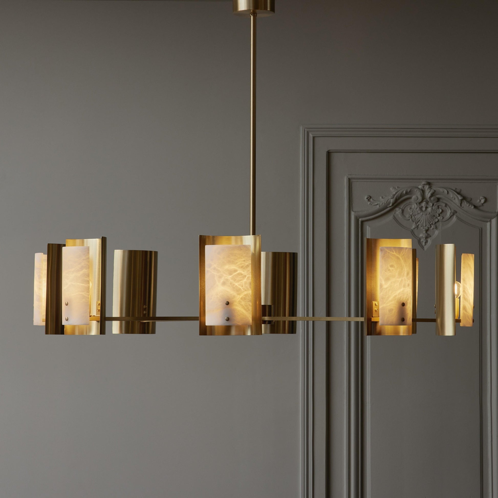 Brass and Alabaster Shield Chandelier