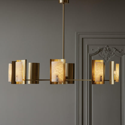 Brass and Alabaster Shield Chandelier