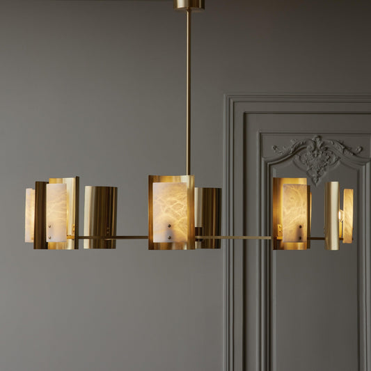 Brass and Alabaster Shield Chandelier