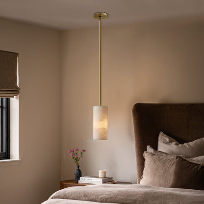 Hand Carved Alabaster Cylinder Pendant Light