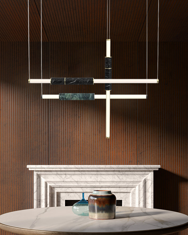 Linear Pipe Alabaster & Acrylic Pendant Light for dining room | vertically & horizontally