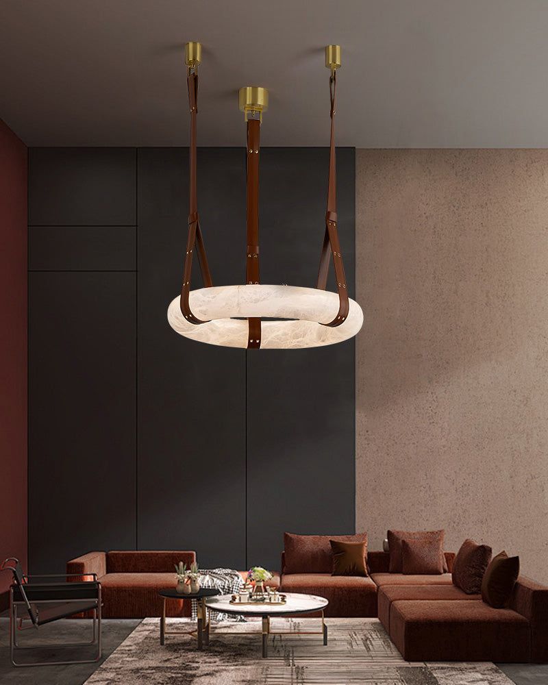Round LED White Marble Pendant lamp with adjustable leather, Dia 12/16"
