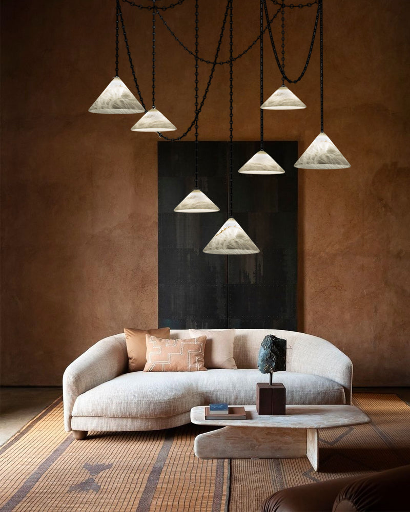 Medium 12" Conical Pendant White Alabaster Shade with Adjustable Chain for living room