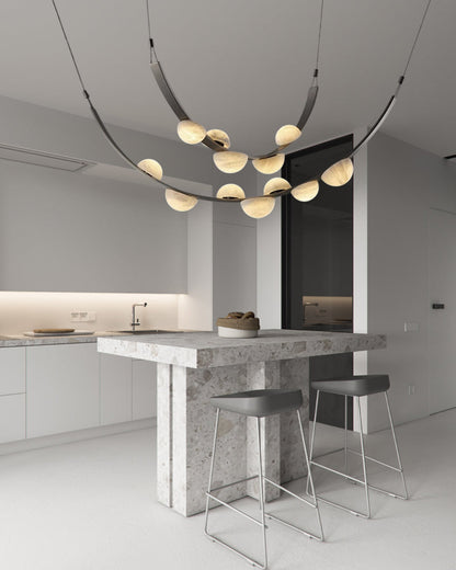 Leather pendant lamps with semicircular marble diffusers on a U-shaped strip metal base