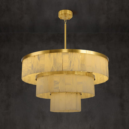 Modern 3-Tier Round Alabaster Chandelier-Gold 34"D