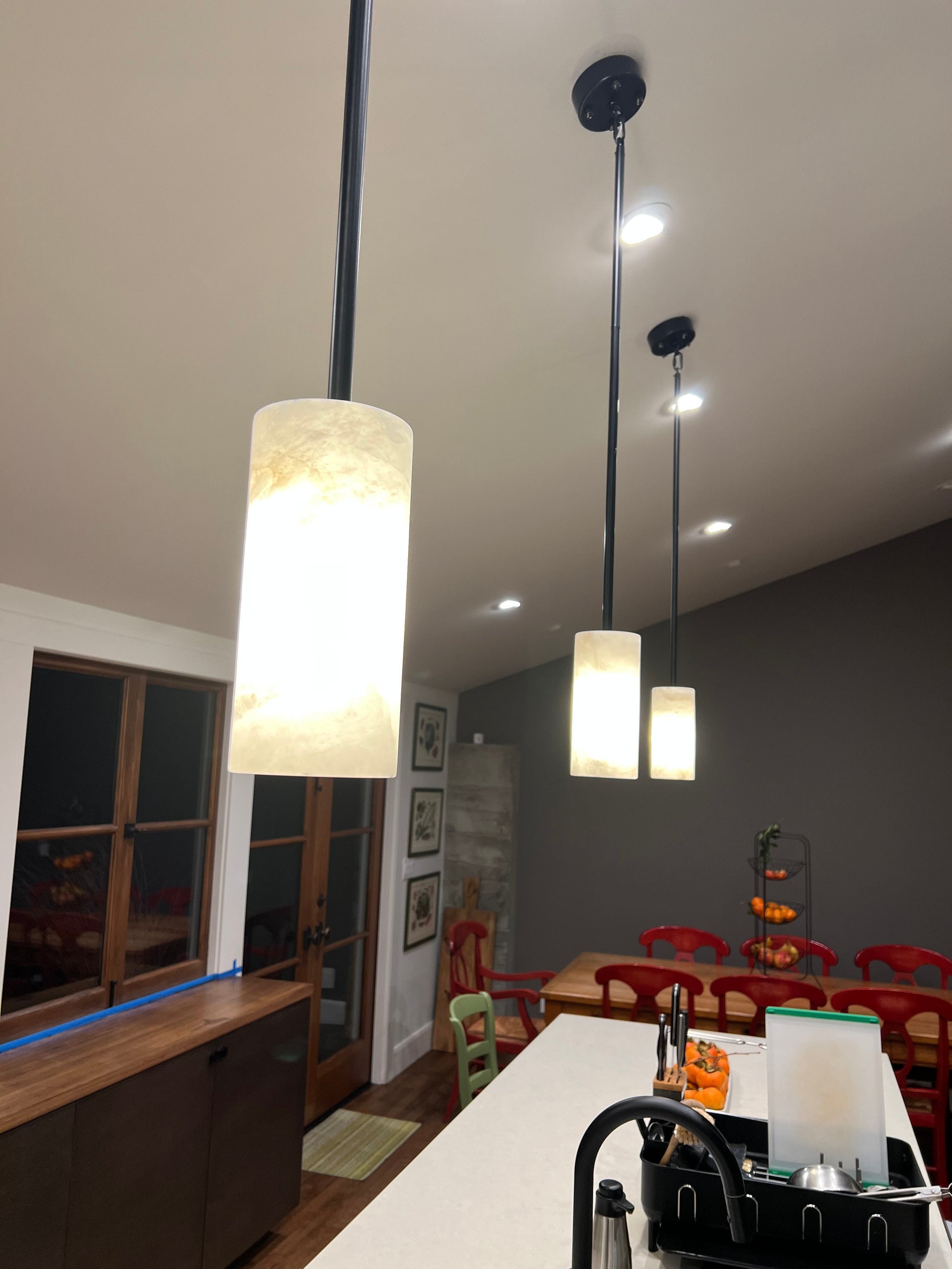 Hand Carved Alabaster Cylinder Pendant Light