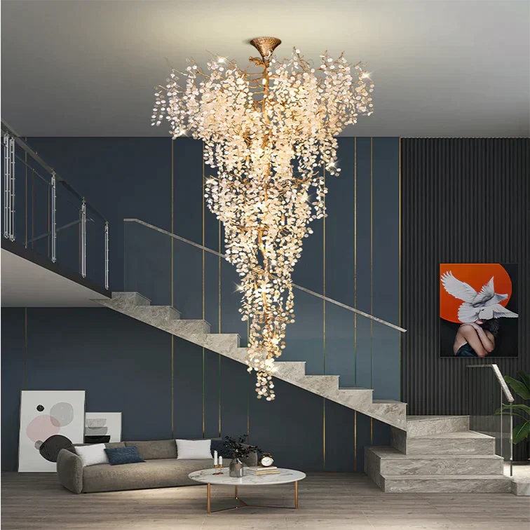 Morylighting Gilded Bloom Branch Chandelier - dramatic American stairwell with soaring ceiling
