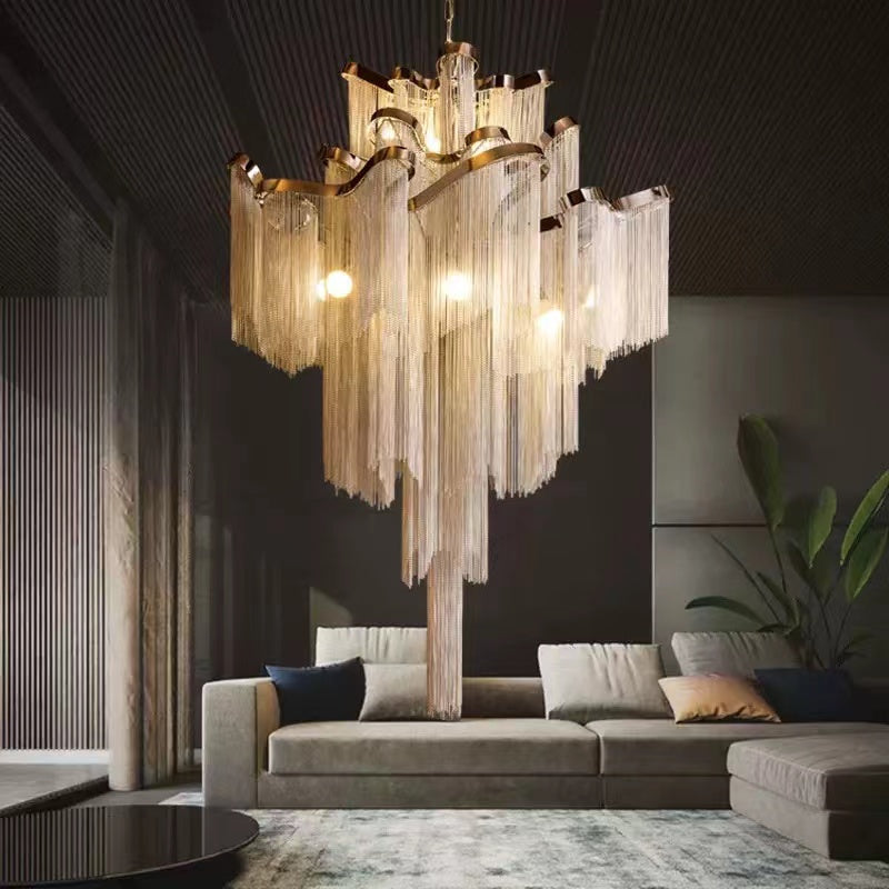 Morylighting Aura Cascade Stainless Steel Tassel Chandelier - dramatic American stairwell with soaring ceiling