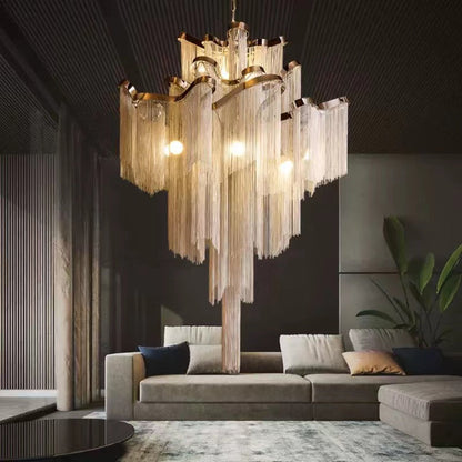 Morylighting Aura Cascade Stainless Steel Tassel Chandelier - American transitional great room with cathedral ceiling