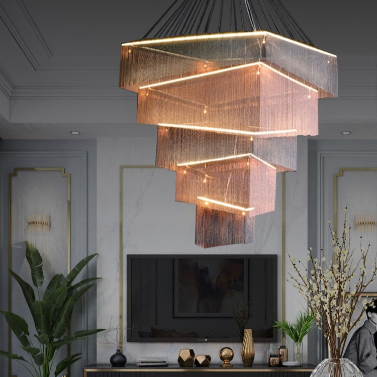 Morylighting Grand Cascade Rectangular Tassel Chandelier - dramatic American stairwell with soaring ceiling