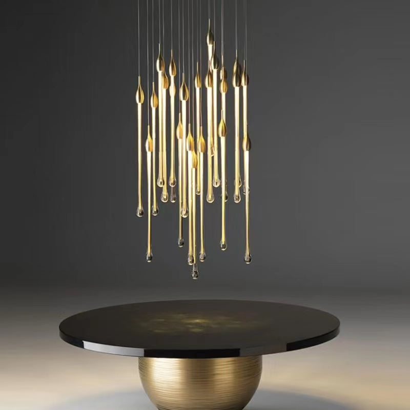 Morylighting Opulent Raindrop Brass Glass Pendant Chandelier - American transitional great room with cathedral ceiling