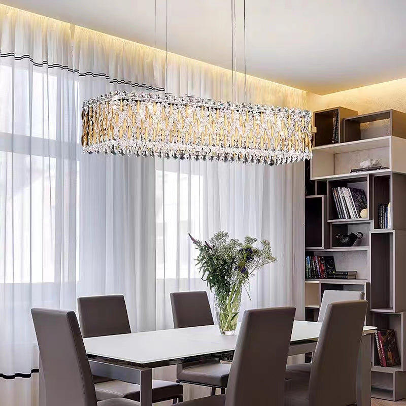 Morylighting Grand Lumina Rectangle Crystal Chandelier - dramatic American stairwell with soaring ceiling