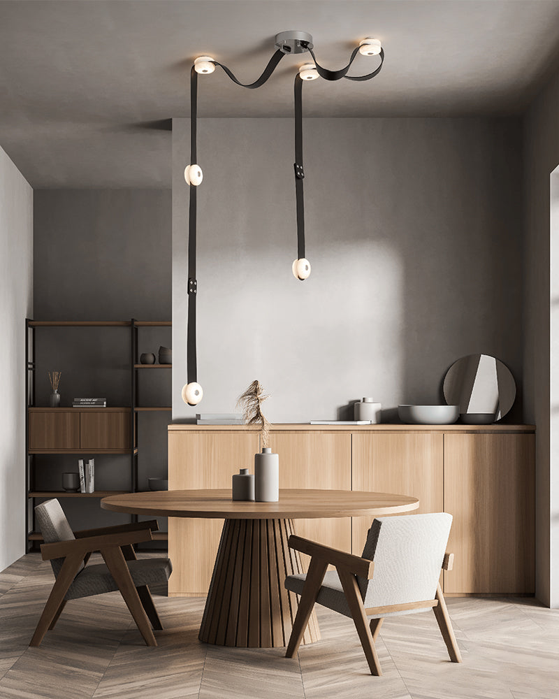 LED Mini SNAPS Module Ceiling Alabaster Pendant Light with Brown Leather Straps