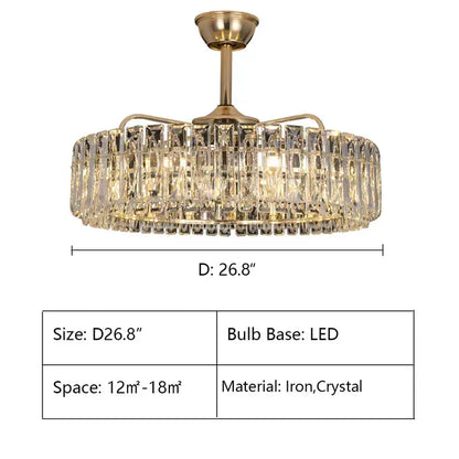 Modern Invisible Blade Fan Light Crystal Chandelier for Living/Dining Room/Bedroom