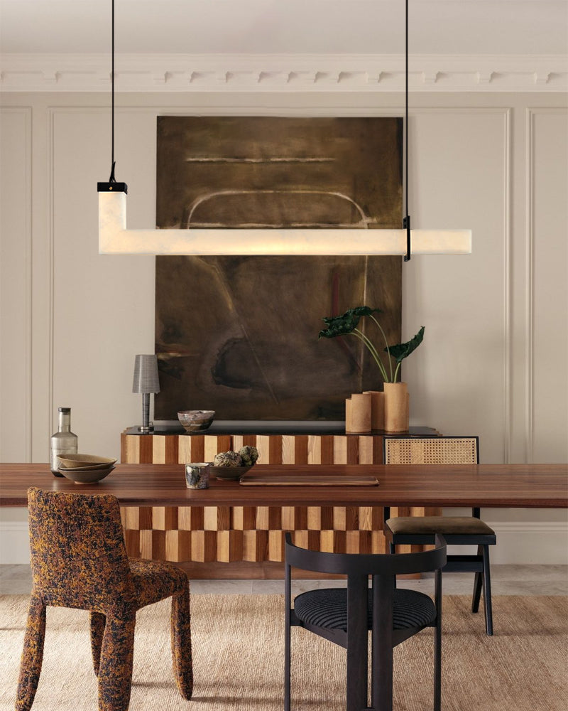 Up & Down Lighting Linear Brown Leather Alabaster Linear Pendant Lights Long 39“ 47”