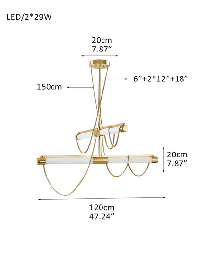 LED Tubular Alabaster Shades Ceiling Pendant Lamp 49" with long chains | Brass
