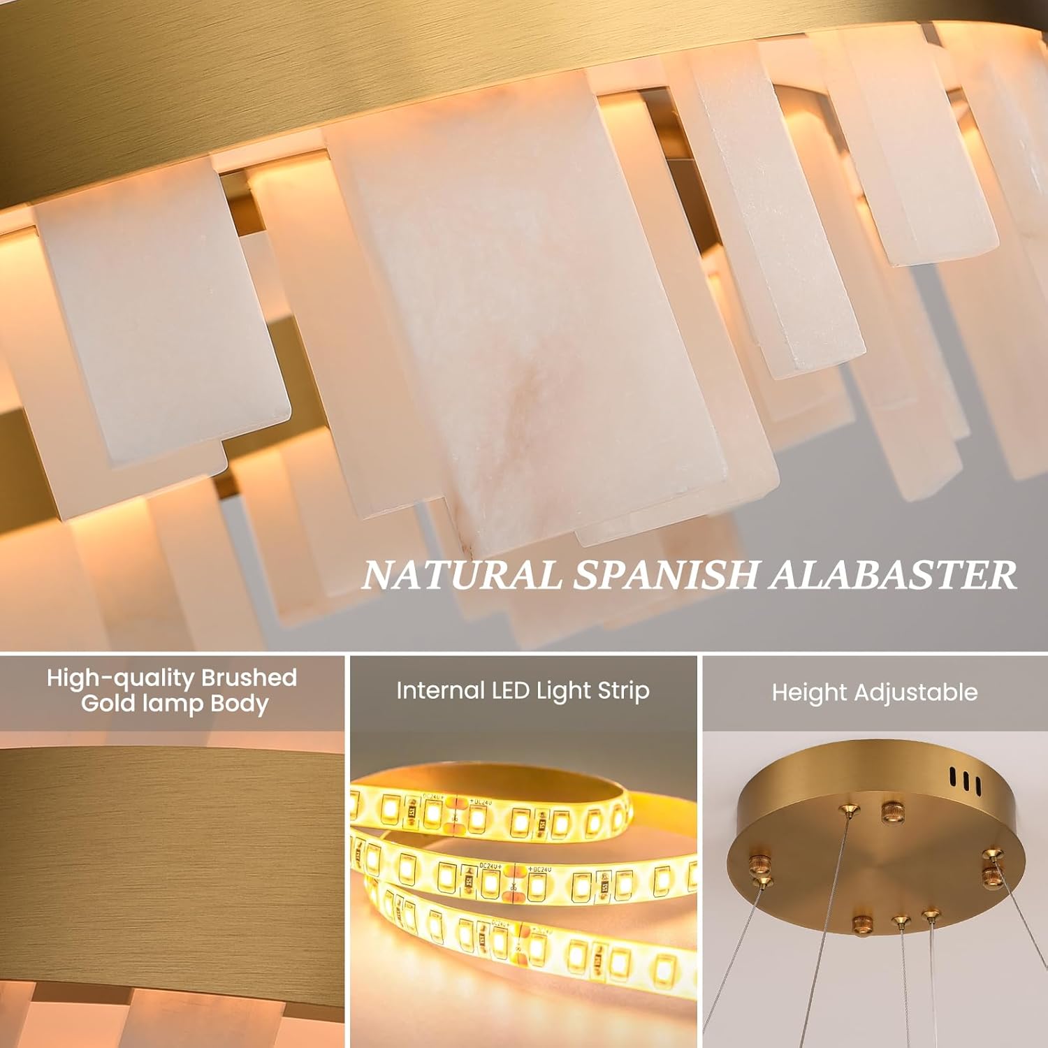 Alabaster Round Chandelier, D24 Inch Natural Spanish Marble Stone Texture Chandeliers