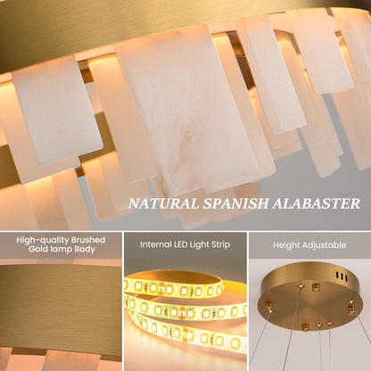 Alabaster Round Chandelier, D24 Inch Natural Spanish Marble Stone Texture Chandeliers